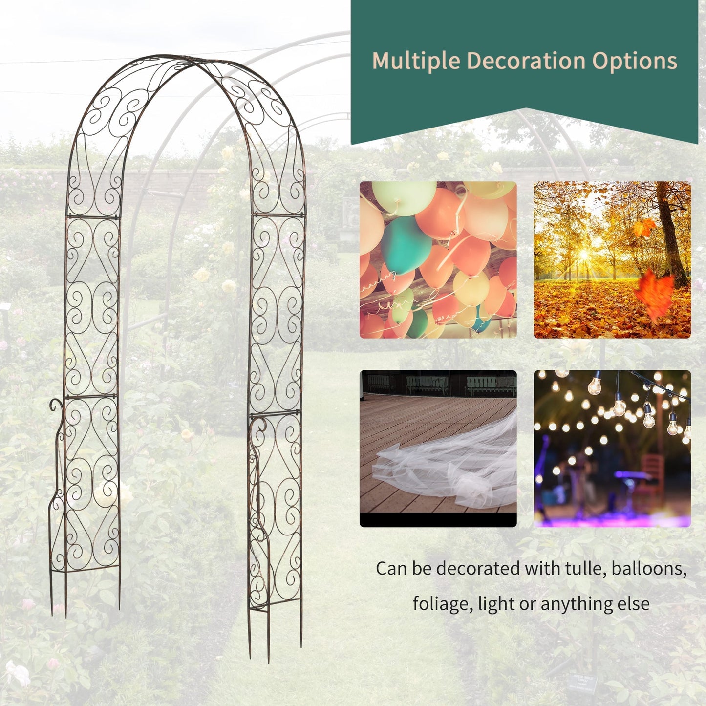 Outsunny Metal Garden Arch Trellis, قوس تعريشة مزخرف للممرات وحفلات الزفاف والاحتفالات، 120 × 30 × 226 سم