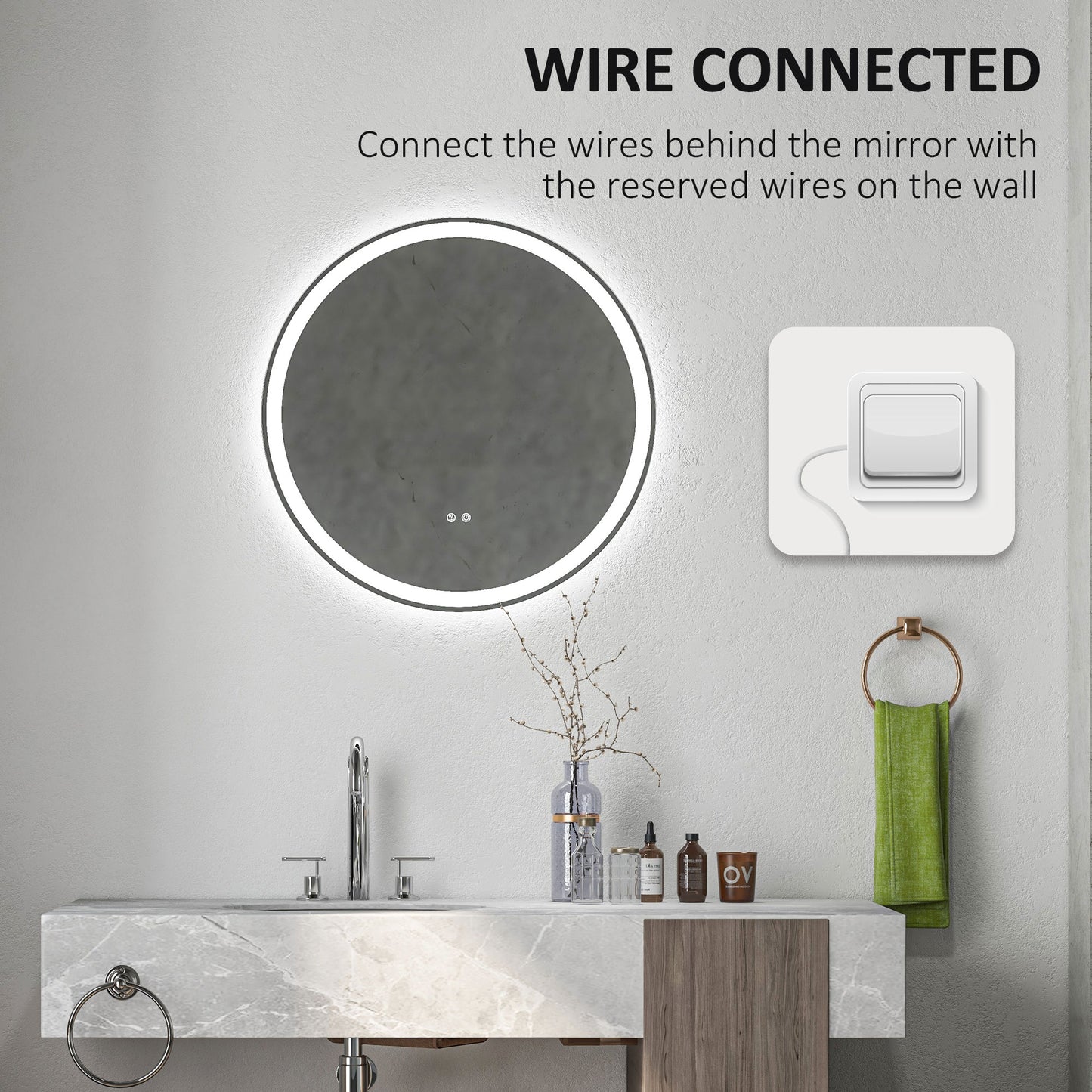 kleankin Round Bathroom Mirror with LED Lights, Wall Mount Dimmable Makeup Mirror with 3 Temperature Colours, Defogging Film and Memory Function, Frameless, Hardwired, 70 x 70Â cm