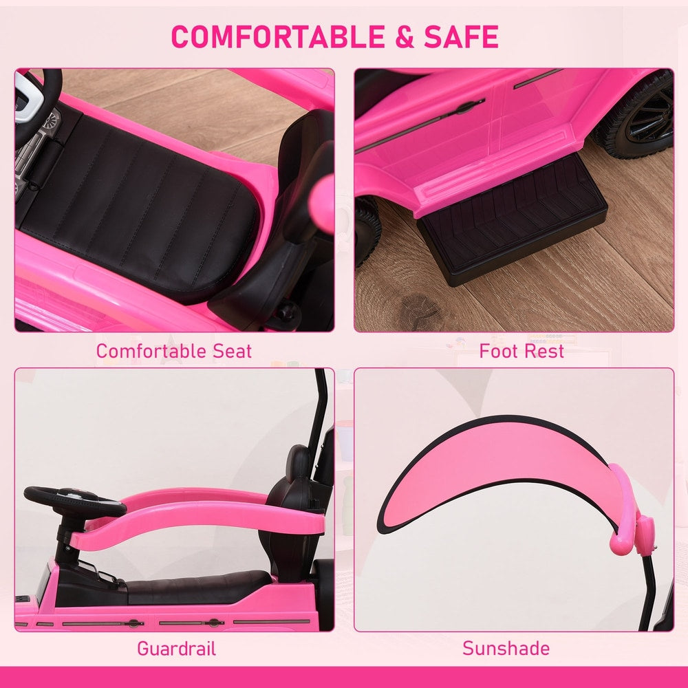 Close up of the pink ride-on push car's comfortable seat, foot rest, guardrail, and sunshade