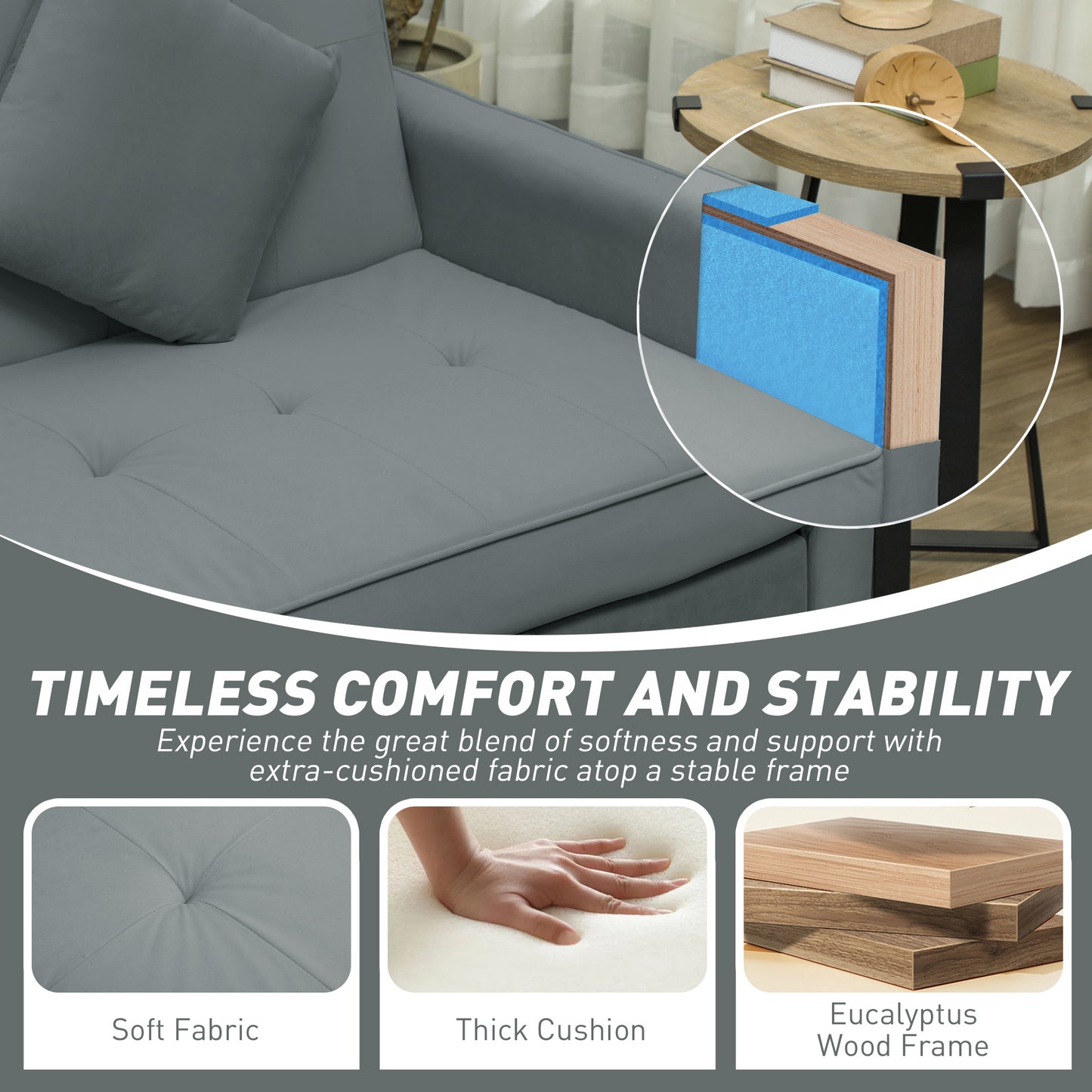 HOMCOM Three-Person Velvet-Feel Sofa Bed - Grey