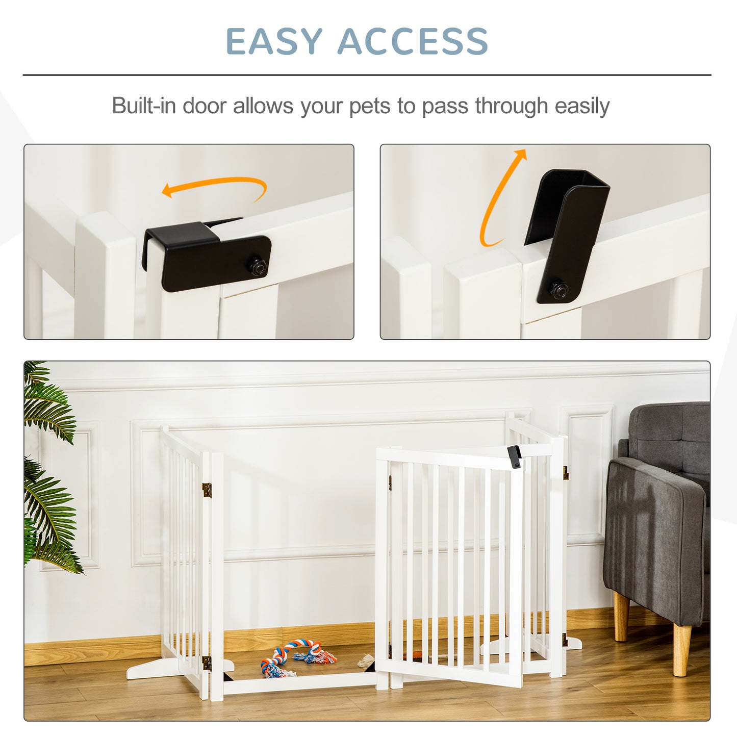 PawHut Wooden Dog Gate, Dog Fence Indoor, 80 cm Tall Freestanding Pet Gate for Small and Medium Dogs with 4 Panels, 2 Support Feet, White