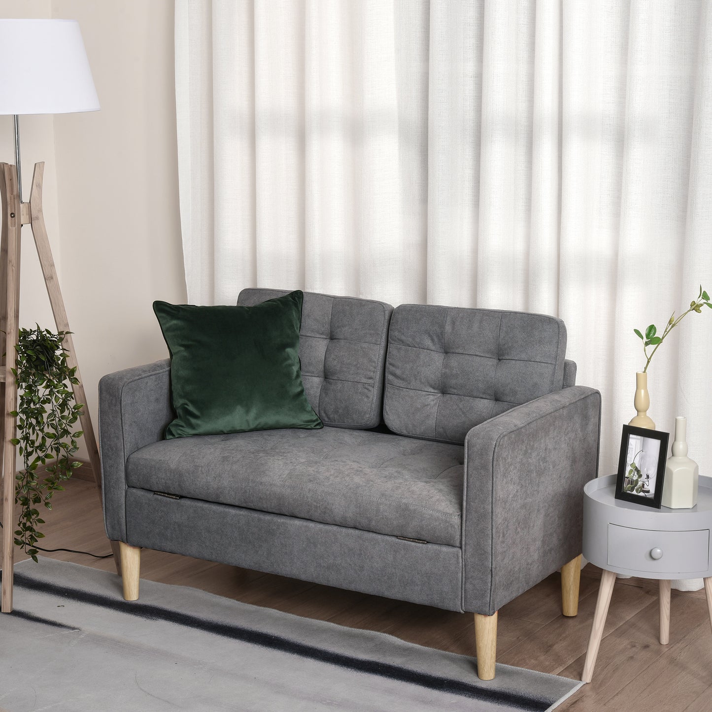 HOMCOM Modern 2 Seater Sofa with Hidden Storage, 117cm Tufted Cotton Couch with Wood Legs, Compact Loveseat for Living Room, Kitchen, Grey