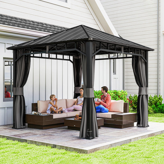 مظلة حديقة صلبة من أوت ساني بمقاس 3 × 3 متر بسقف فولاذي مجلفن، وجناح حديقة دائم مقاوم للماء مع شبكة وستائر للفناء والسطح.