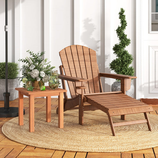 The patio side table sits next to a wooden Adirondack chair and ottoman on a round rug