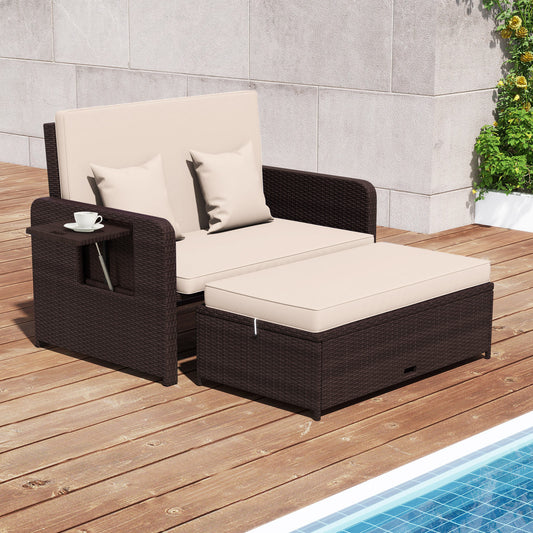 The rattan daybed set placed on a wooden deck next to a swimming pool with a cup on the table
