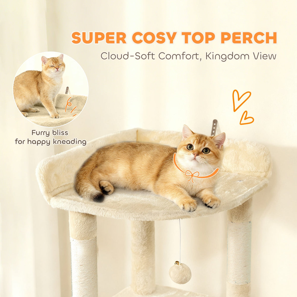 Close up of the top perch with a cat resting and an inset showing a cat kneading the soft fabric