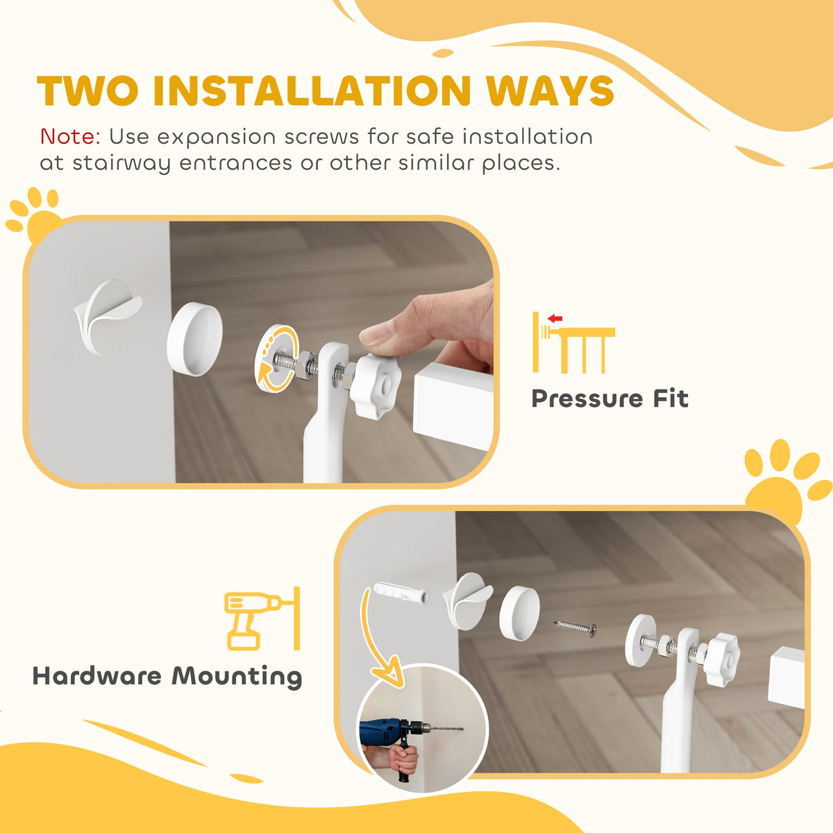 The pet gate showing both pressure fit and hardware mounting installation methods