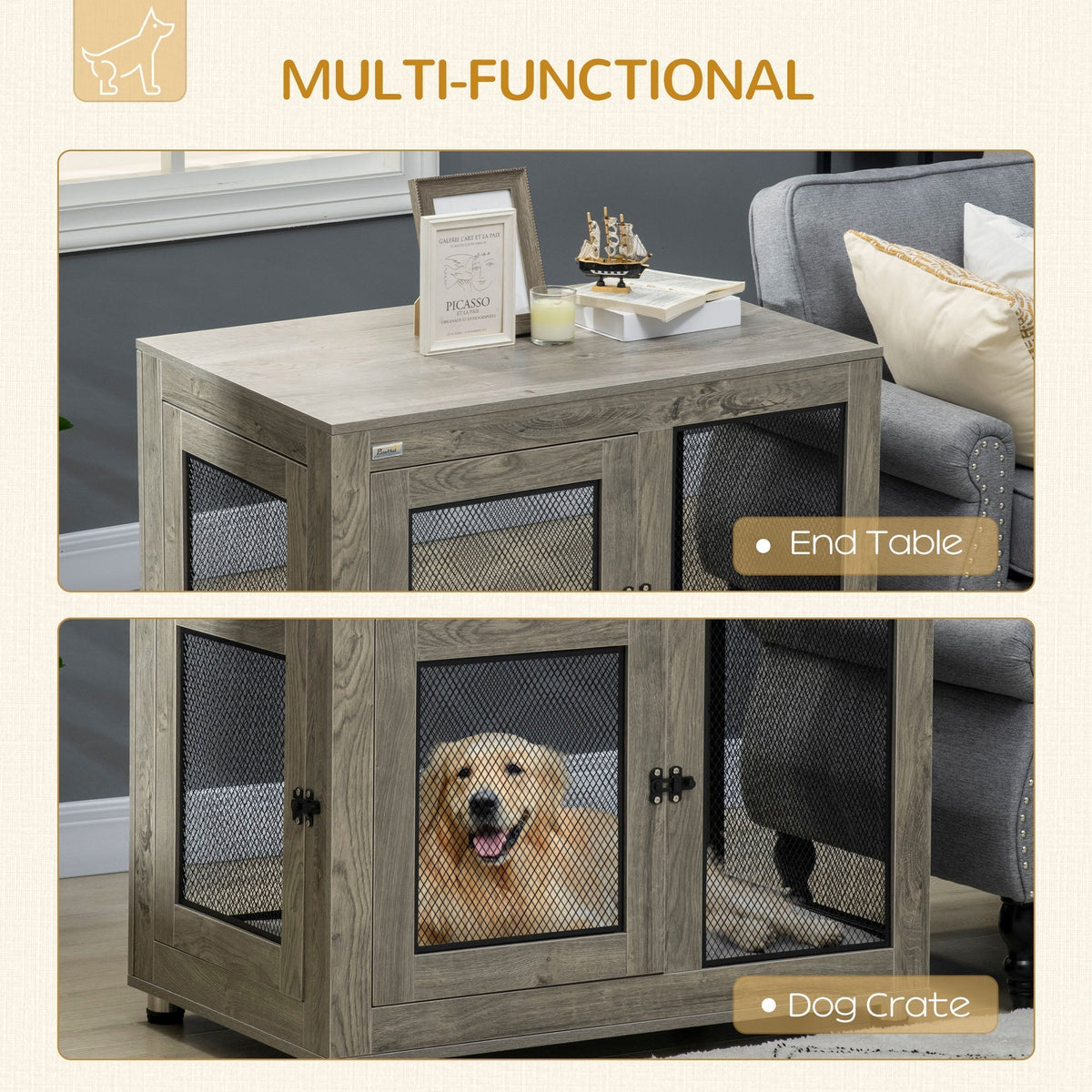 The dog crate shown as both a functional side table and a secure enclosure for a pet