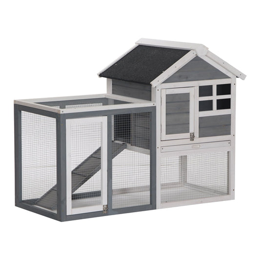 The wooden guinea pig cage featuring a wire mesh run and a sheltered upper sleeping area