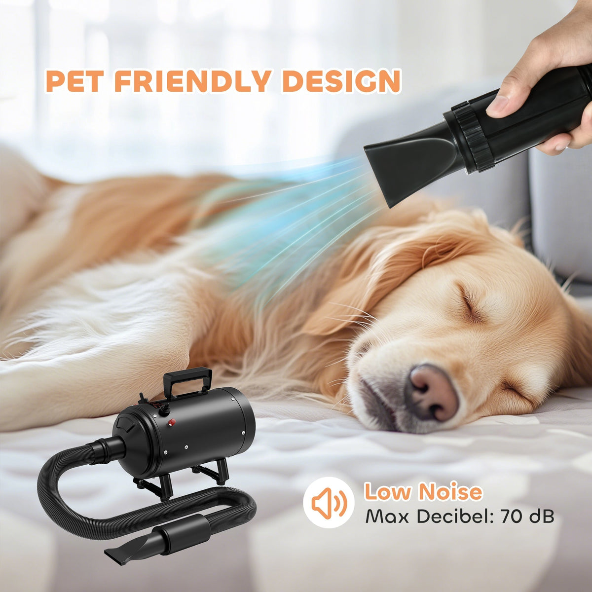 The dog grooming dryer drying a sleeping golden retriever