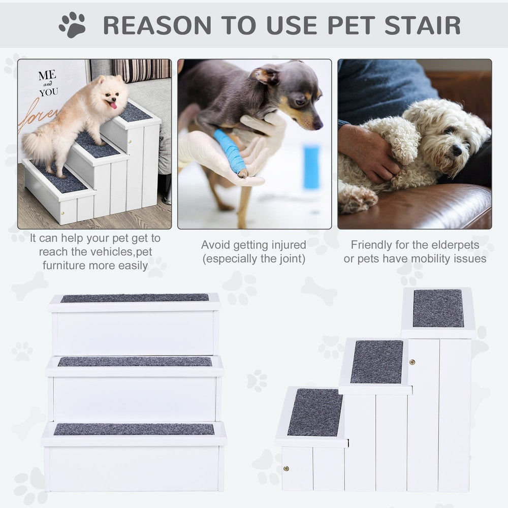 Three white pet stairs with grey carpet treads shown in different settings