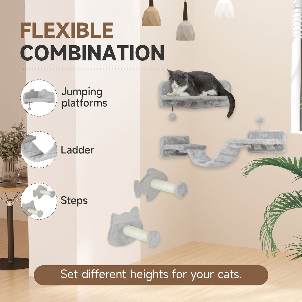 Cat wall shelves with steps, ladder and platforms shown as flexible combination