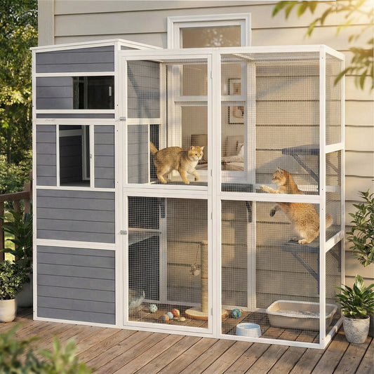 The cat house in a garden setting with two cats playing inside the wire enclosure