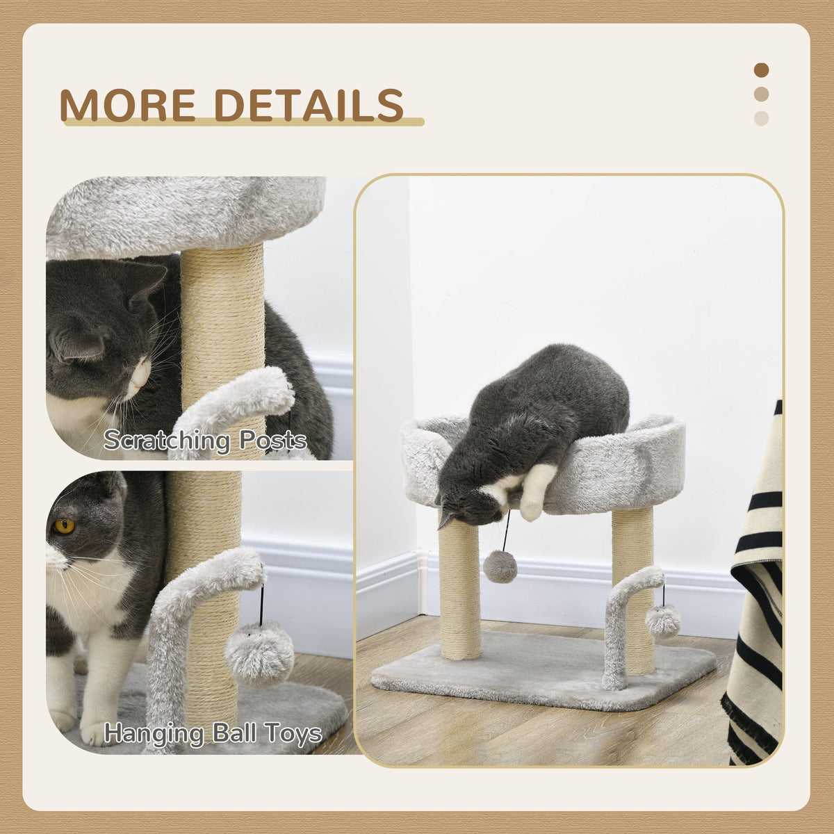 The cat tree shown in a collage focusing on the scratching posts and hanging toy balls in use
