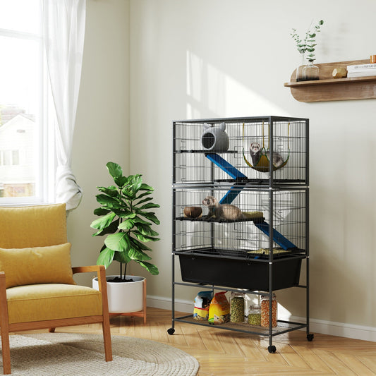 The multi-level small animal cage is shown in a room with a yellow chair and a plant