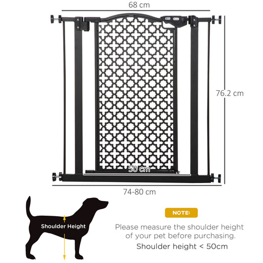 Diagram showing the dimensions of the dog gate, with height and width measurements provided