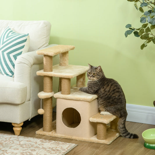 The beige pet steps and ramp are shown in a living room setting next to a sofa with a cat on the steps