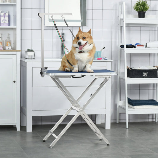 Dog grooming arm with a corgi dog on a grooming table