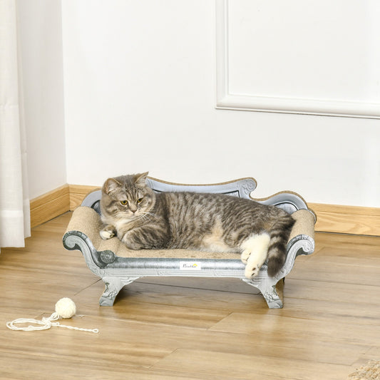 The cat lounger with a grey frame and beige scratching surface on a wooden floor