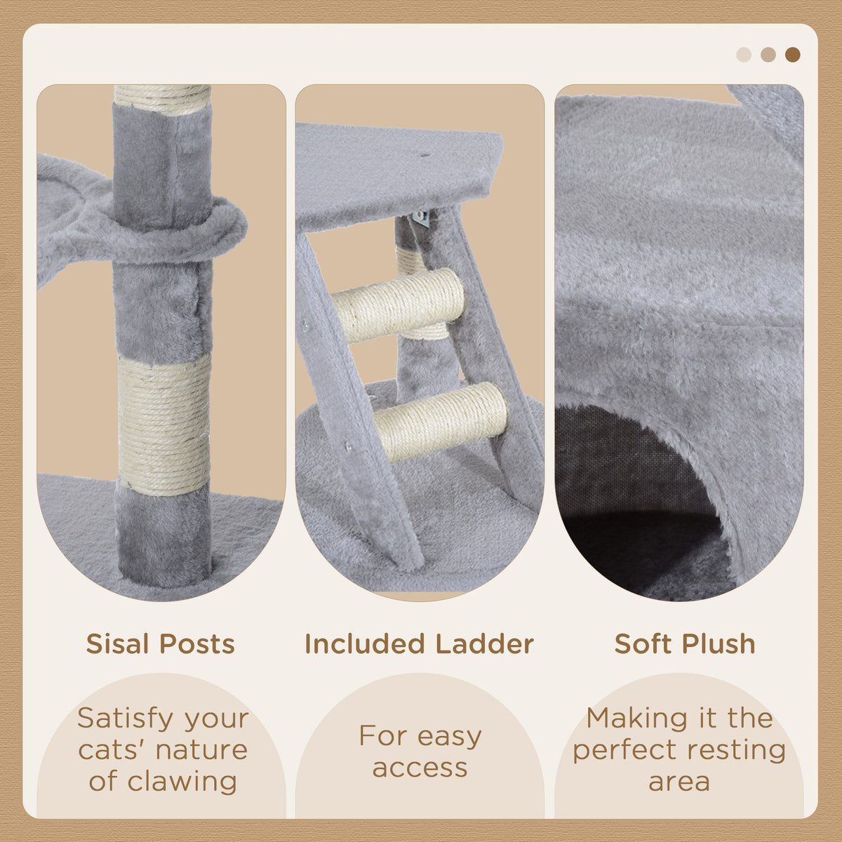 The cat tree details showing close-ups of the scratching posts, ladder and soft plush fabric
