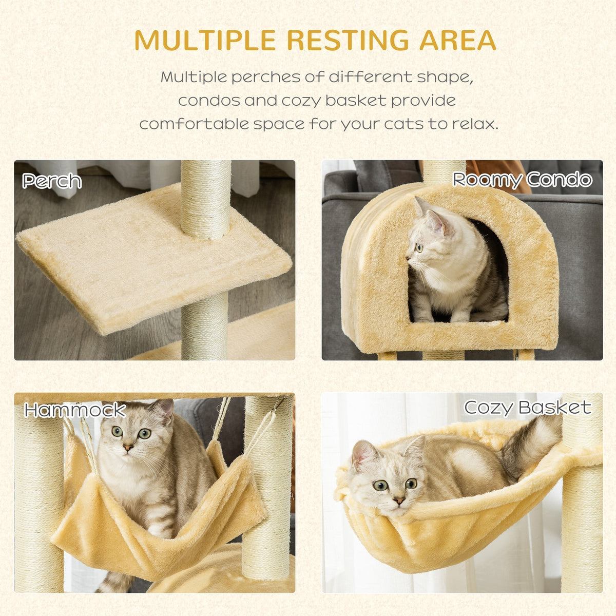 Close-up views of the different resting areas on the cat tree tower