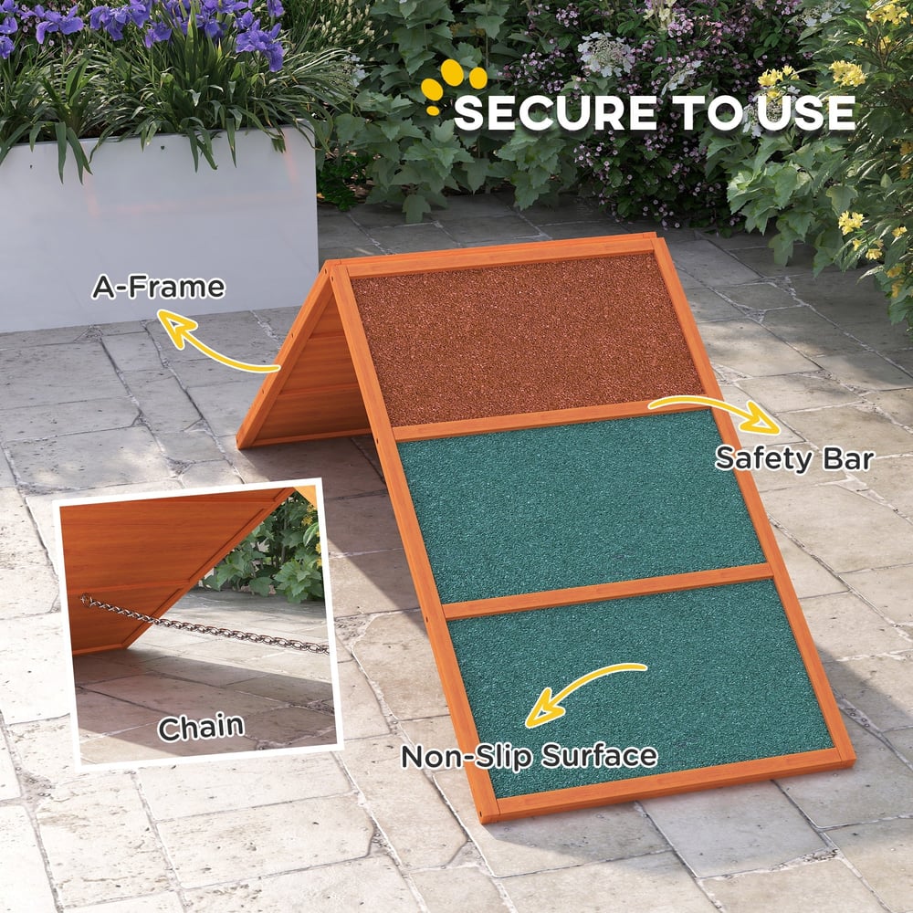 Close up of the dog agility ramp showing the A-frame, chain, and non-slip surface