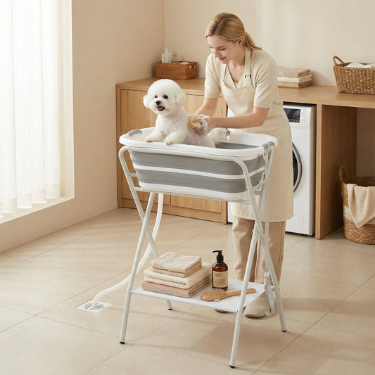 the portable foldable dog bathtub with stand in use with a small white dog and a person washing it