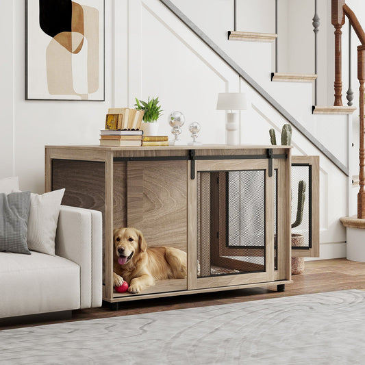 A large dog lies inside a brown wood effect dog crate furniture with a sliding door