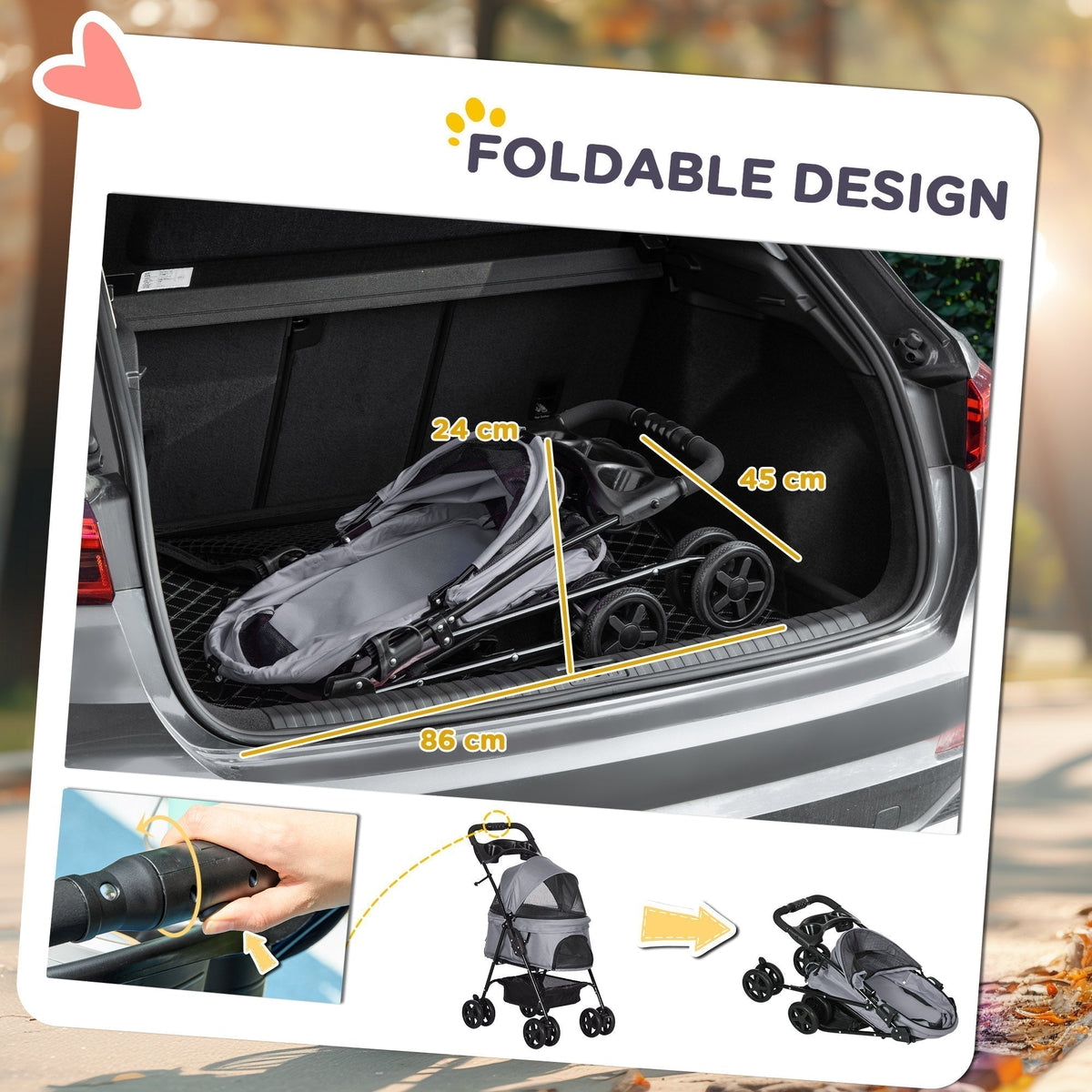 Foldable design of the grey dog stroller shown in a car boot