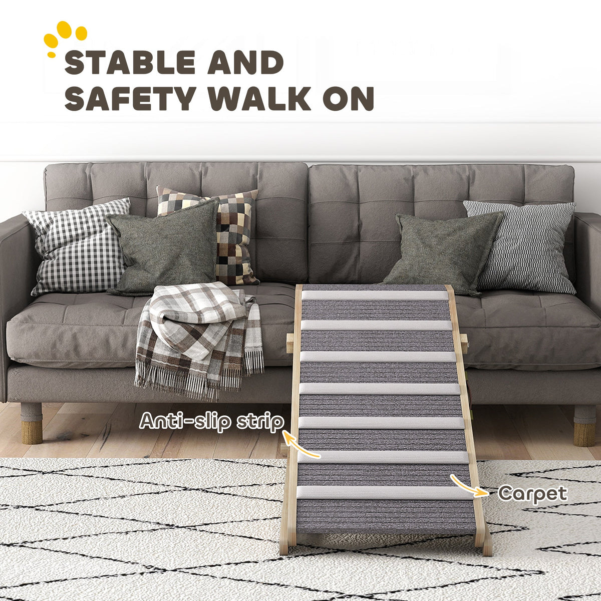 The pet climbing ladder has anti-slip strips on its carpeted surface, shown next to a sofa