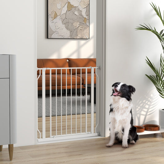 A white metal dog gate installed in a doorway with a black and white dog sitting in front of it