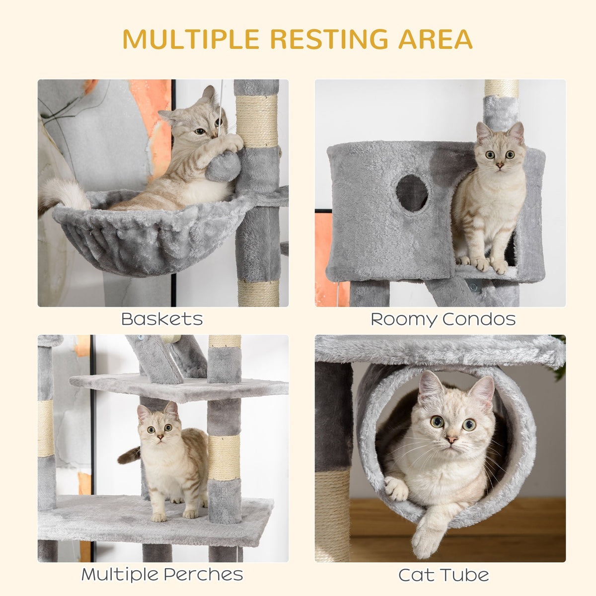 Collage of different resting areas on the cat tree