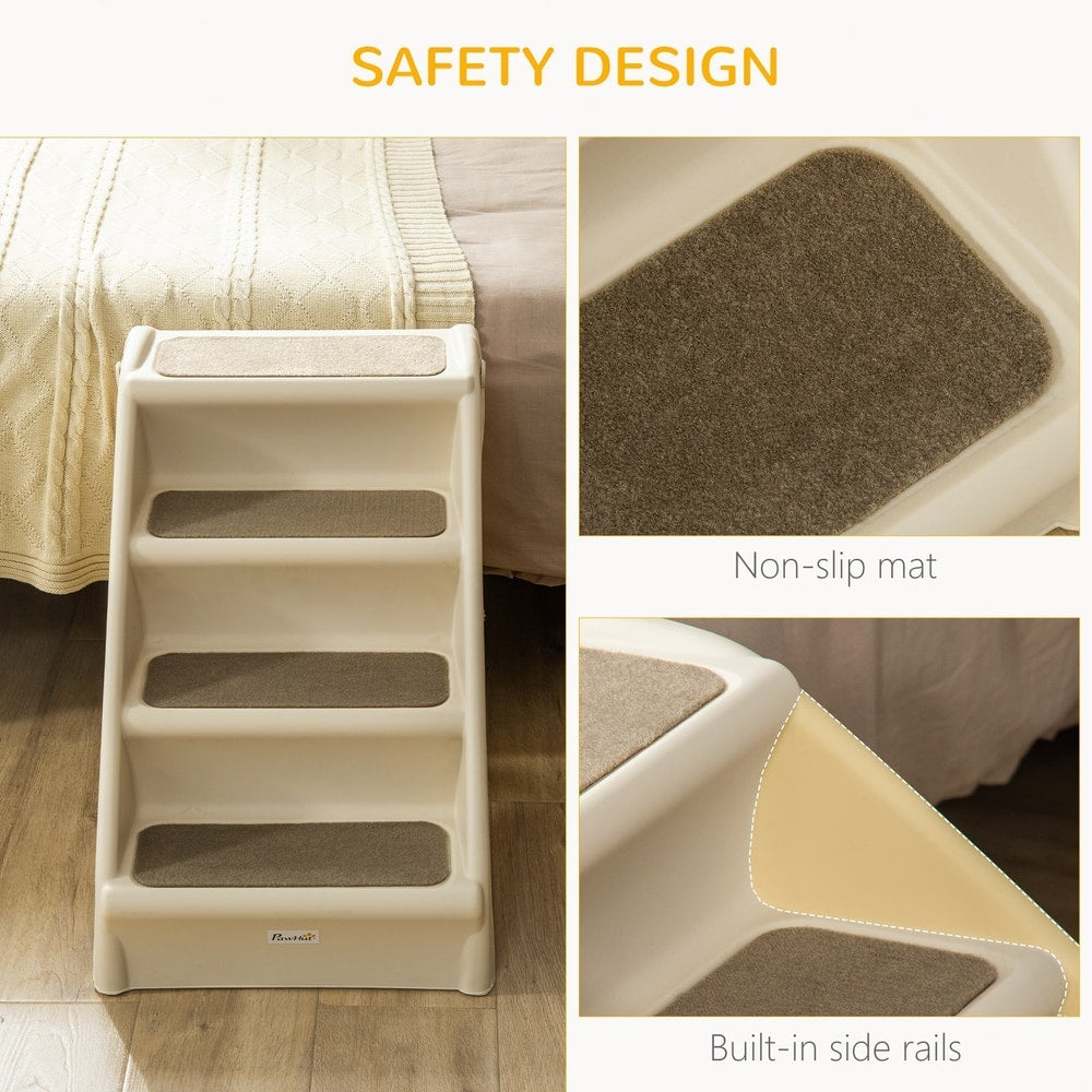 The pet steps next to a bed with close-ups of the non-slip mat and side rails