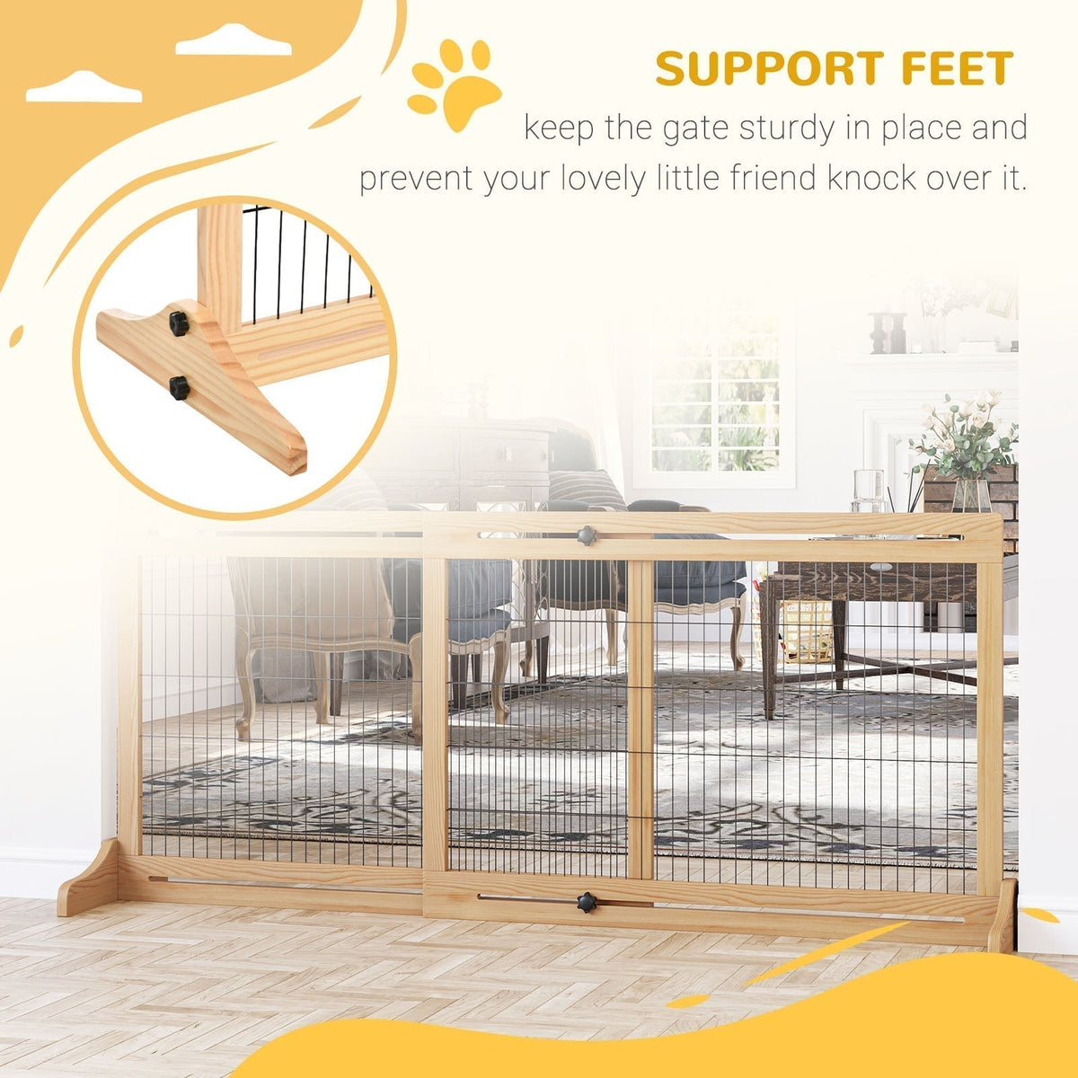 Close-up of the support feet on the wooden indoor barrier for dogs