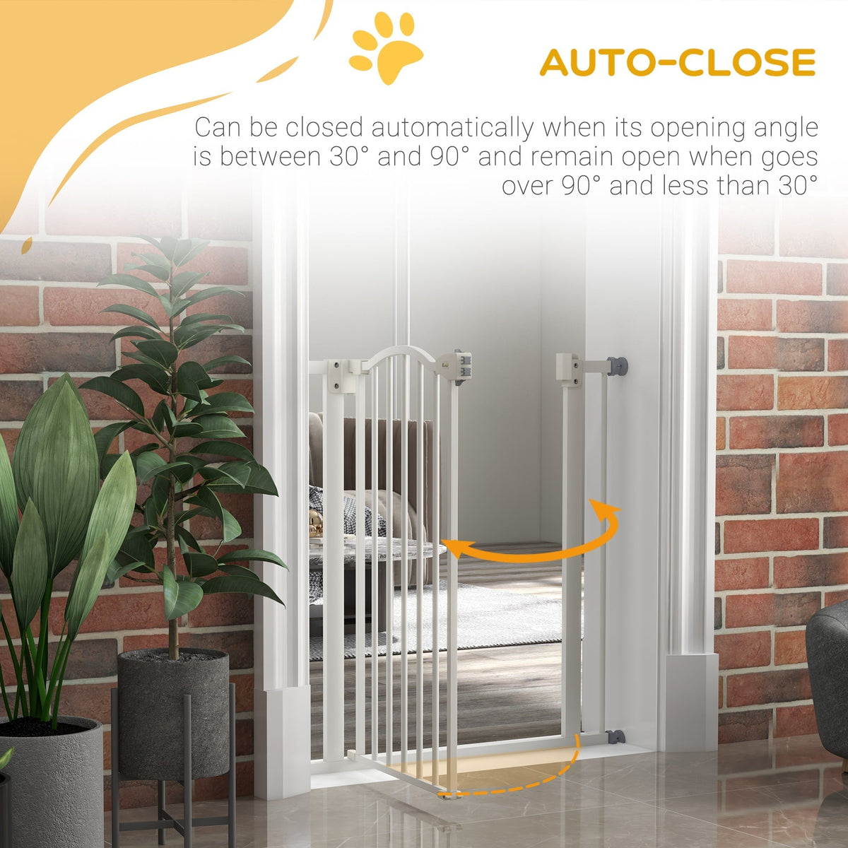 The auto-close feature of the white metal dog gate is demonstrated in a doorway
