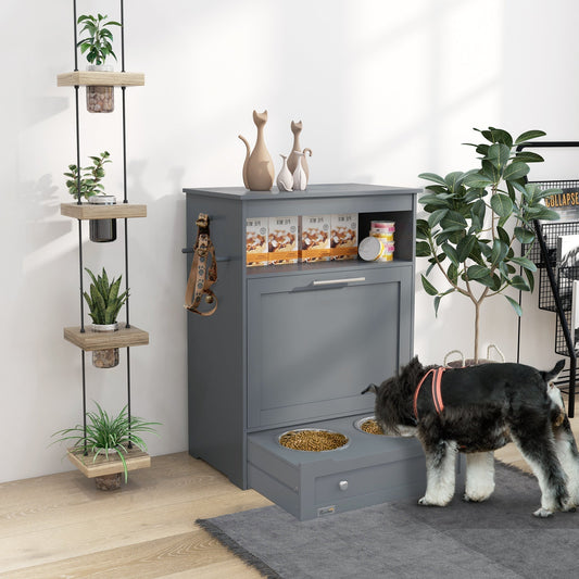 The grey pet feeder station in a room with a dog eating from a bowl