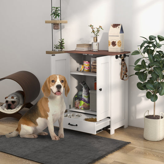 The pet feeding station with doors open revealing internal storage and a pull-out bowl tray