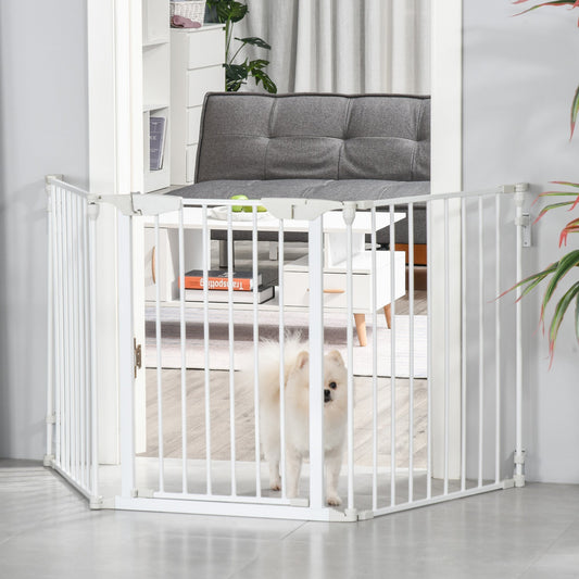 The white metal dog gate used as a room divider with a small dog standing behind it