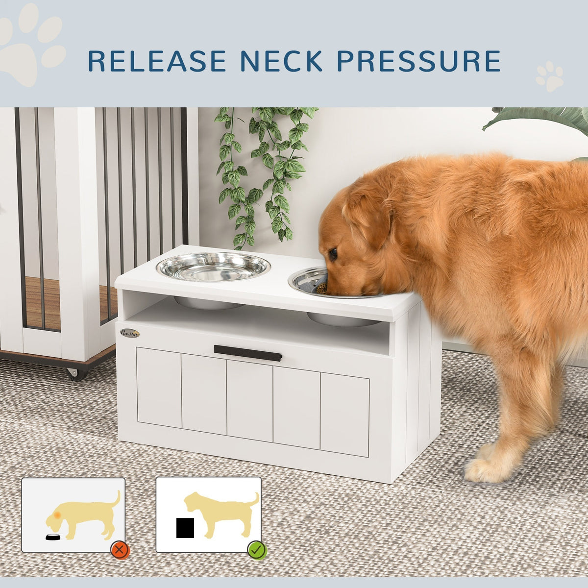 The raised dog feeder being used by a dog to show how it helps to release neck pressure
