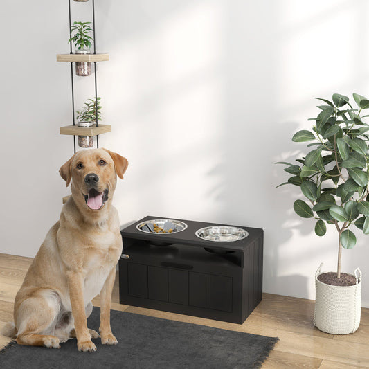 A large golden dog sits happily in front of the black wooden dog bowls unit in a room
