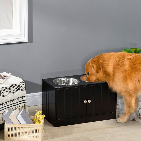 The pet feeder in a living room setting with a dog eating from one of the bowls