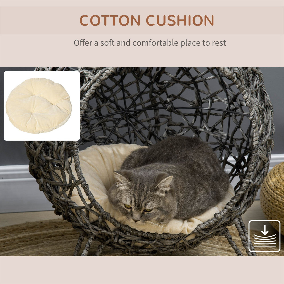 A close-up of the removable cream cushion for the ball-shaped cat house, showing its soft texture