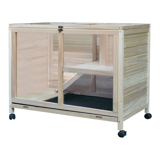 The hamster hutch with a sliding glass door and internal wooden levels