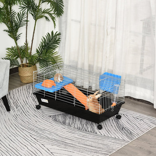 Guinea pigs hutch with a guinea pig inside, shown in a living room setting