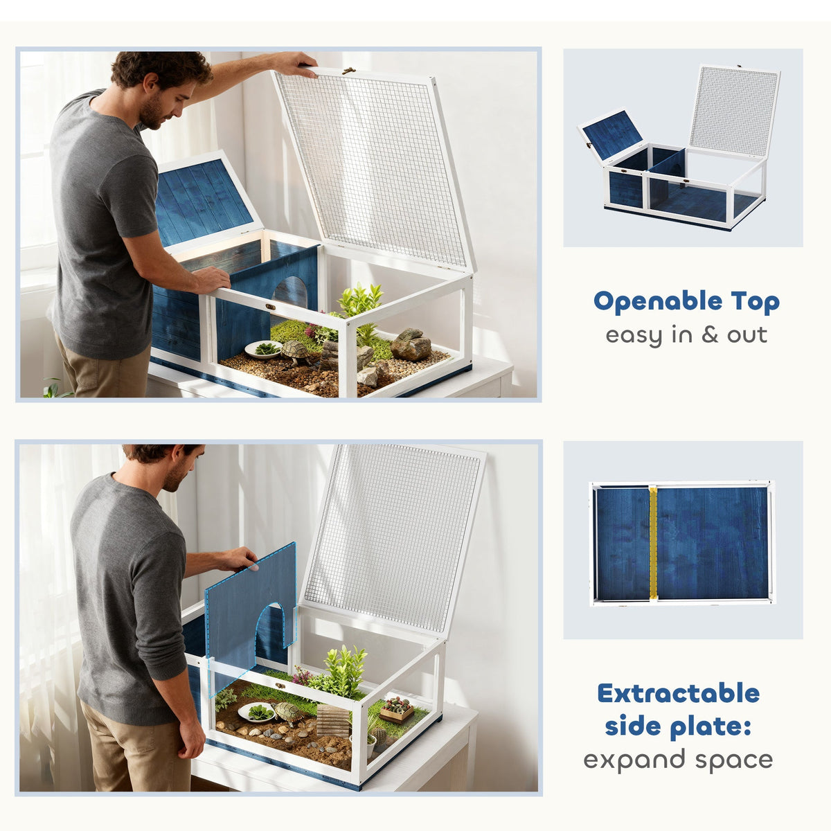 Man opening the lid of the wooden reptile house, showing easy access for pets