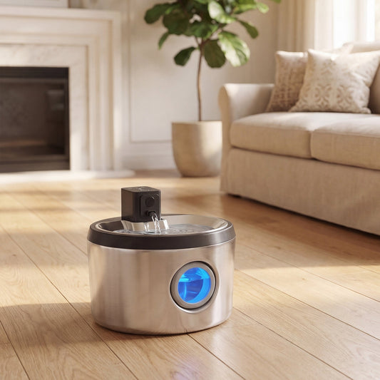 The cordless cat water fountain in a living room next to a sofa and plant