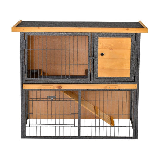 The guinea pigs hutch is shown from the front with the top roof slightly angled
