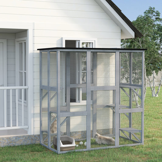 The outdoor cat enclosure is shown set up next to a house with two cats inside