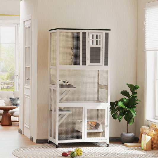 The outdoor cat enclosure is shown inside a bright room with a sofa and plant