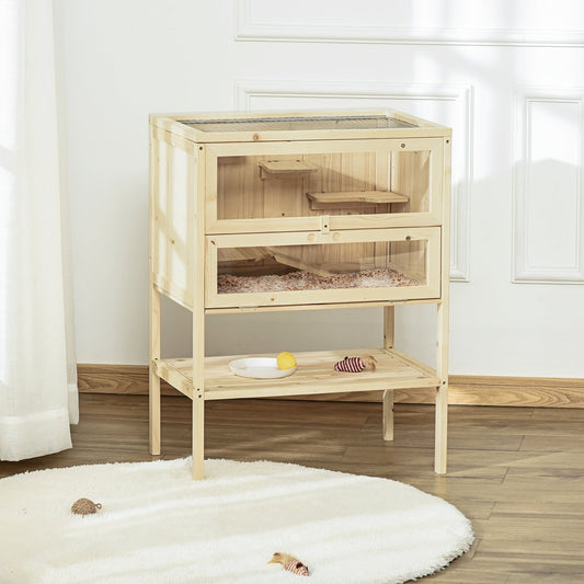 The hamster hutch with storage shelf shown in a bright room with a white rug and a small toy